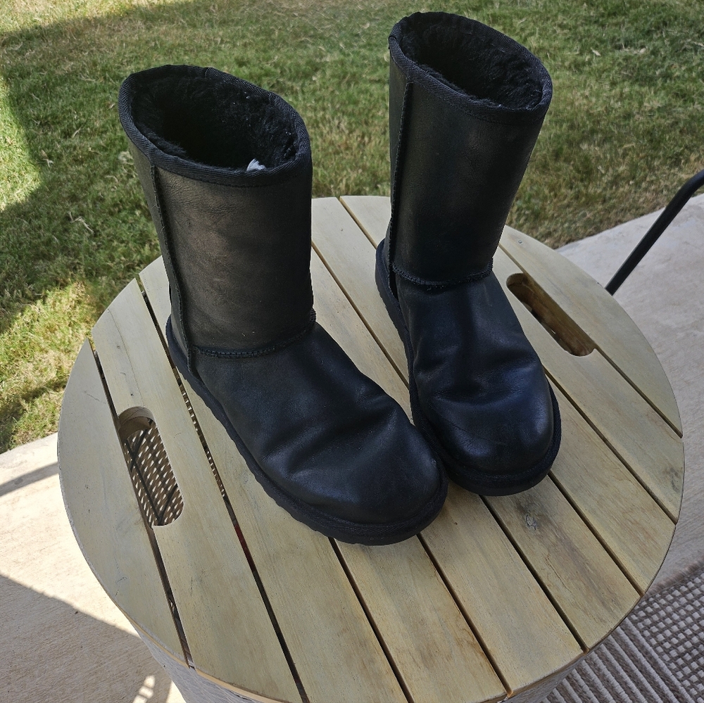 Black Leather Shearling-Lined UGG Boots